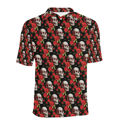 Red Rose Skull Design Print Men Polo Shirt