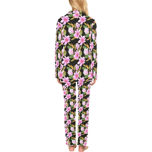 Magnolia Pattern Print Design MAG08 Women's Long Pajama Set