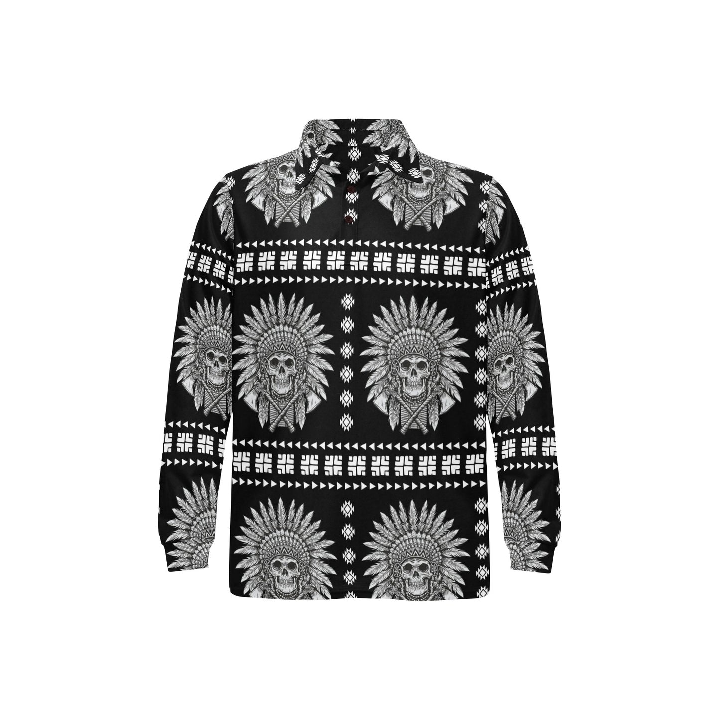 Native American Indian Skull Long Sleeve Polo Shirt For Men's