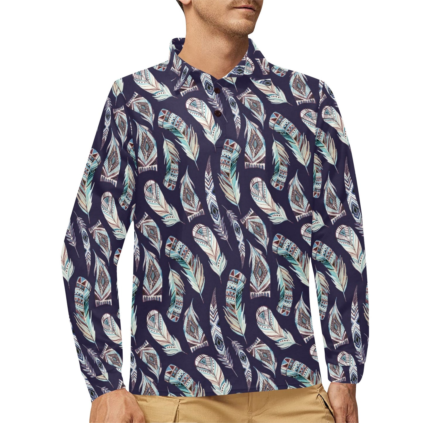 Feather Vintage Boho Design Print Long Sleeve Polo Shirt For Men's