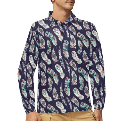 Feather Vintage Boho Design Print Long Sleeve Polo Shirt For Men's