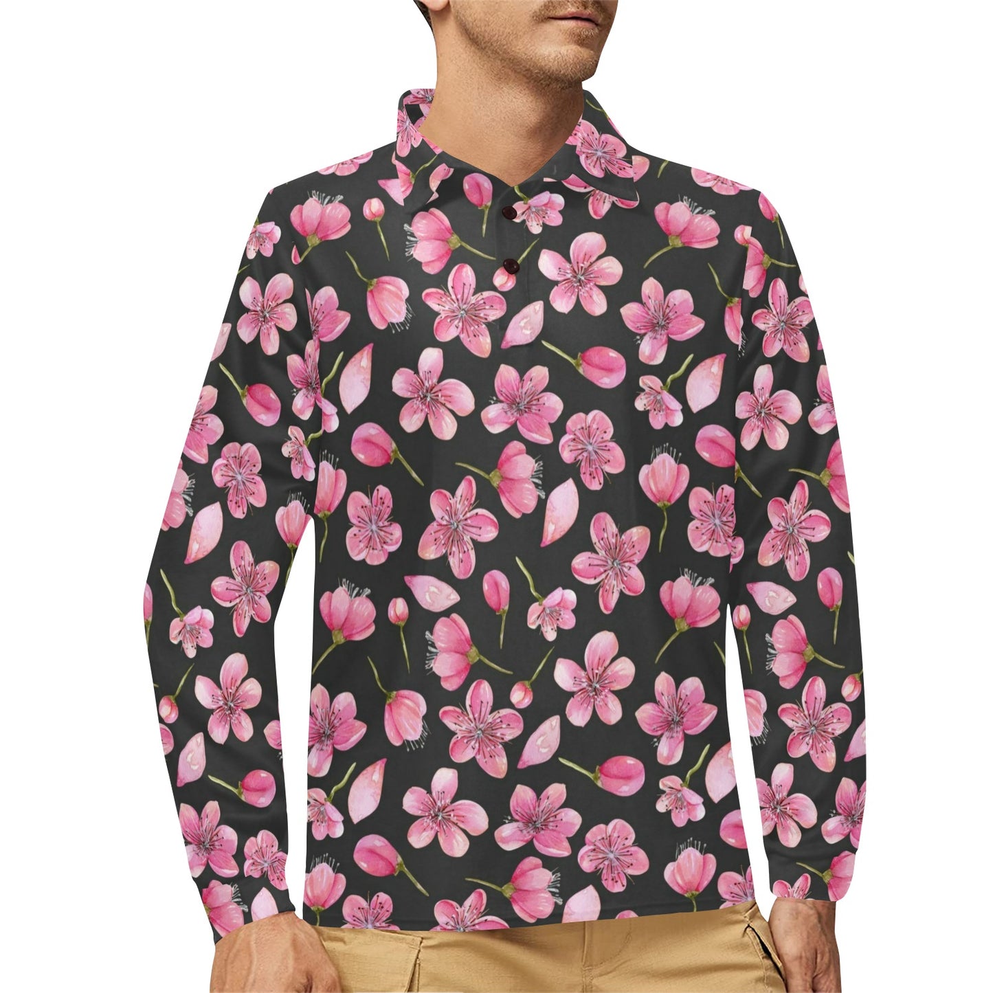 Apple blossom Pattern Print Design AB03 Long Sleeve Polo Shirt For Men's