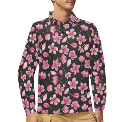Apple blossom Pattern Print Design AB03 Long Sleeve Polo Shirt For Men's