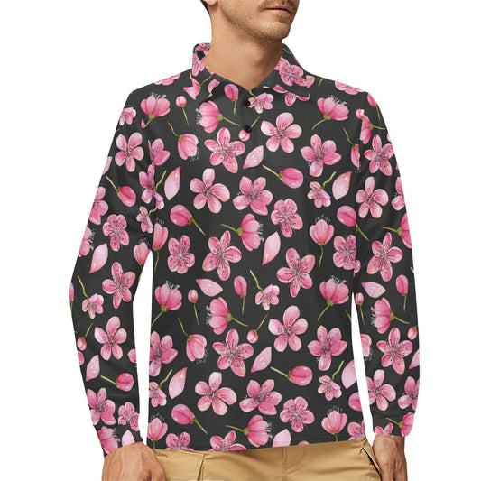 Apple blossom Pattern Print Design AB03 Long Sleeve Polo Shirt For Men's