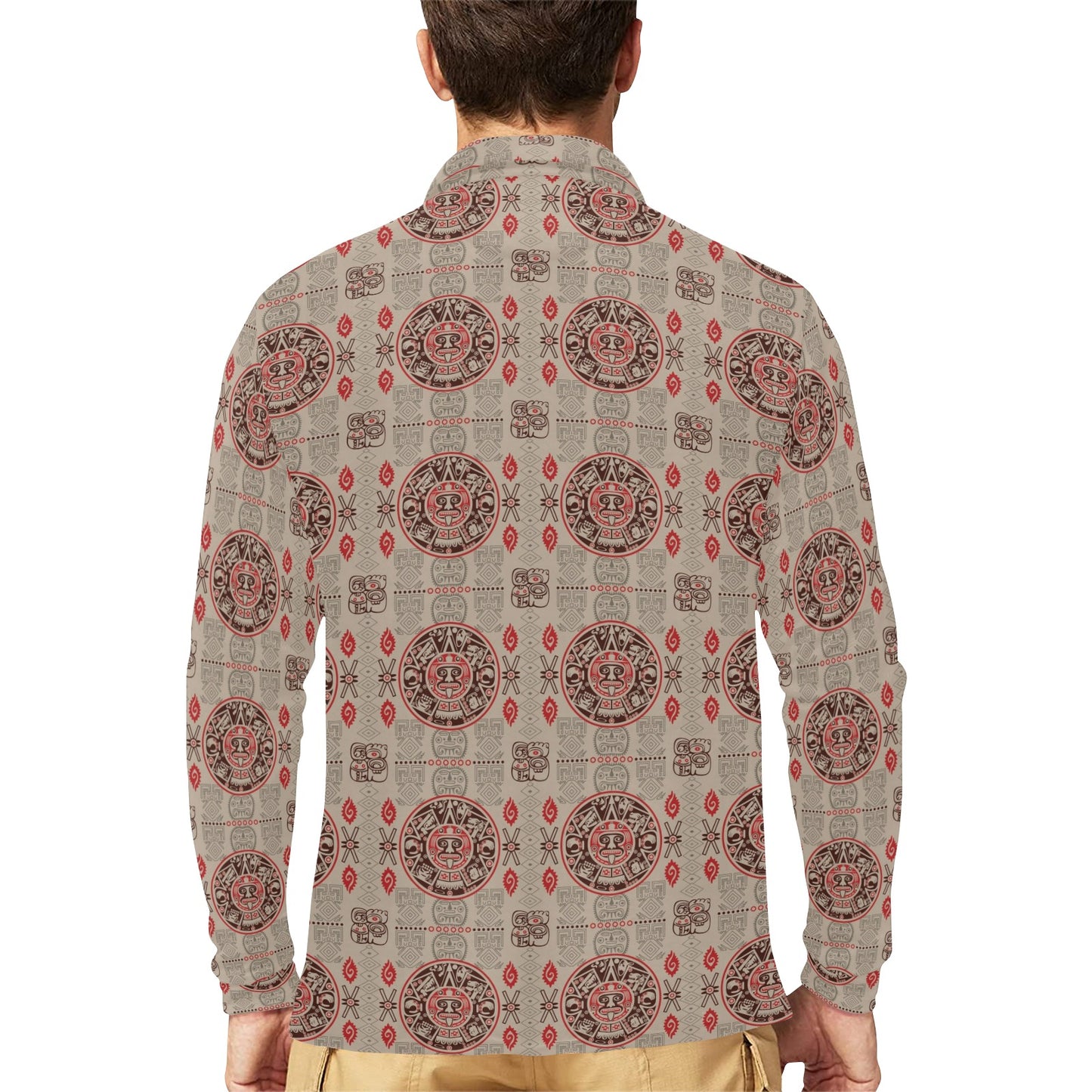 Calendar Aztec Print Pattern Long Sleeve Polo Shirt For Men's