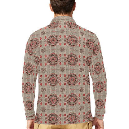 Calendar Aztec Print Pattern Long Sleeve Polo Shirt For Men's