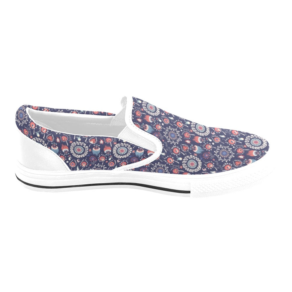 Suzani Print Design LKS305 White Slip Ons Canvas Women's Shoes