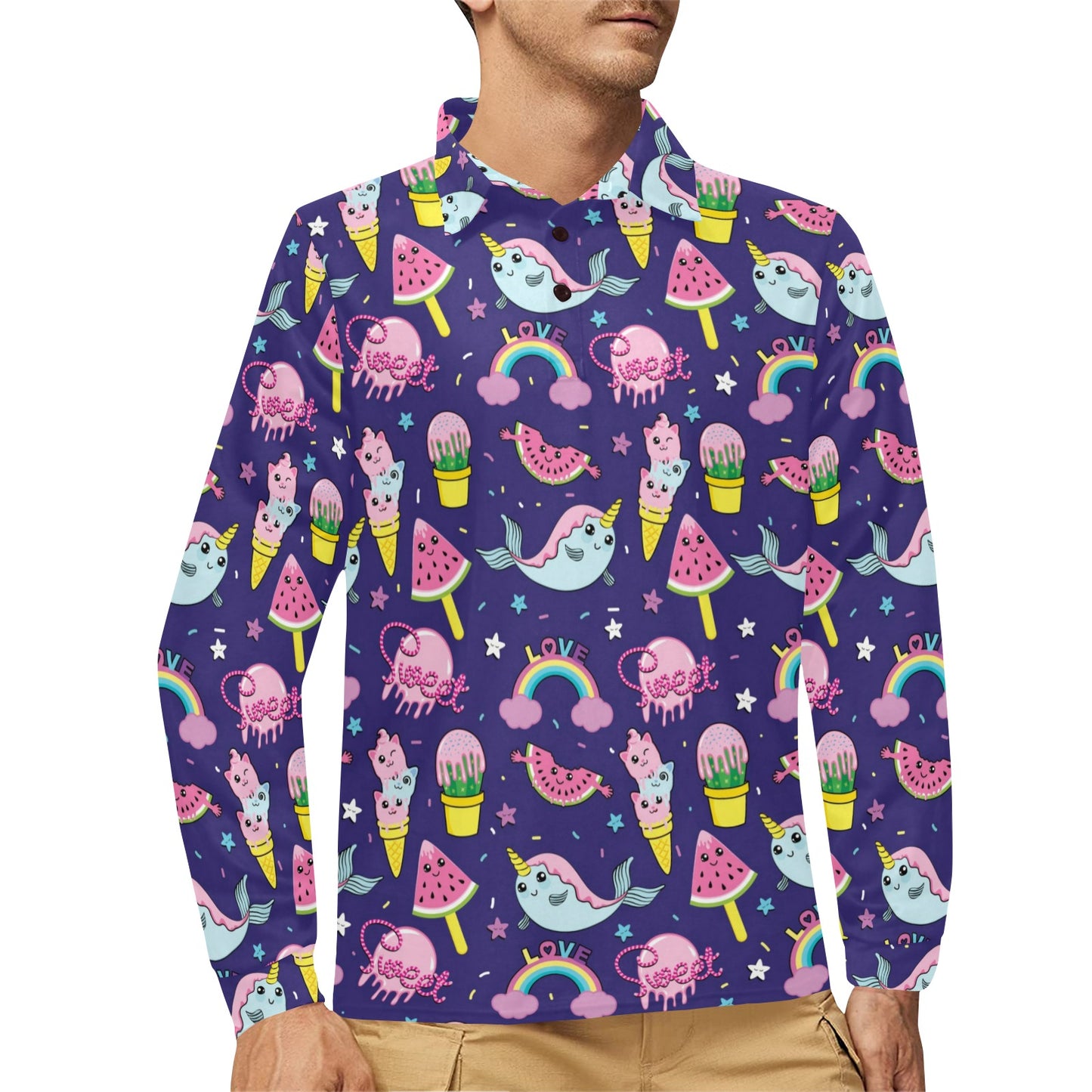 Narwhal Cute Pattern Print Design 02 Long Sleeve Polo Shirt For Men's