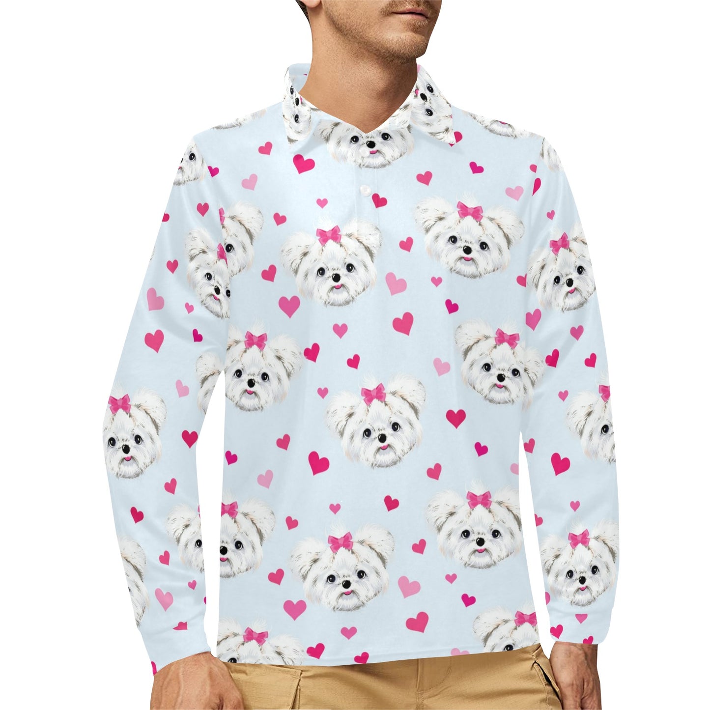 Maltese Pattern Print Design 03 Long Sleeve Polo Shirt For Men's