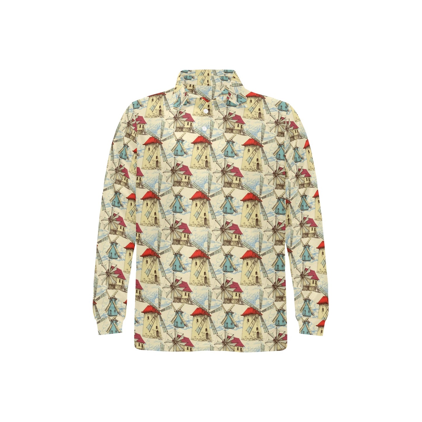 Windmill Pattern Print Design 01 Long Sleeve Polo Shirt For Men's