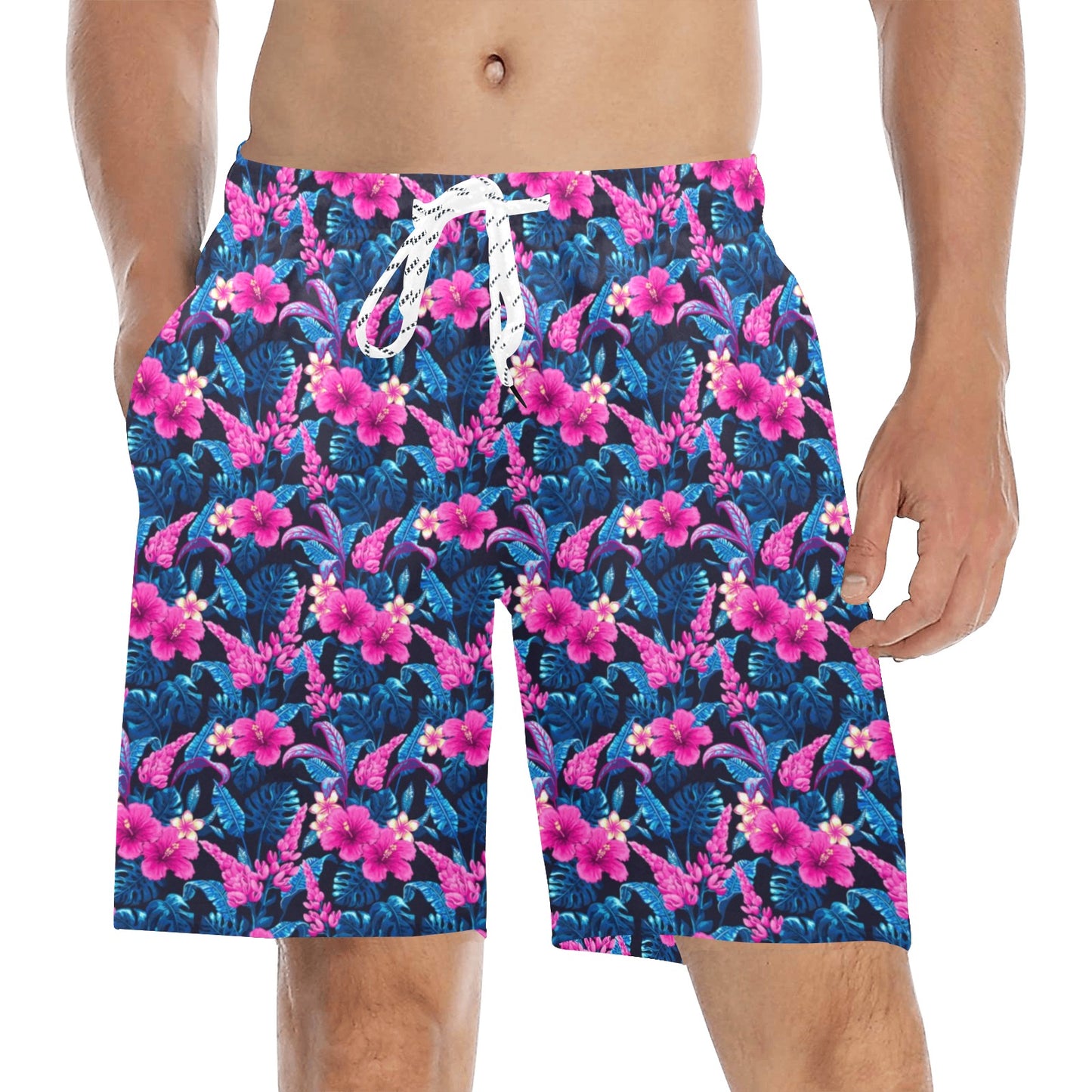 Tropical Folower Pink Themed Print Men's Swim Trunks Beach Shorts