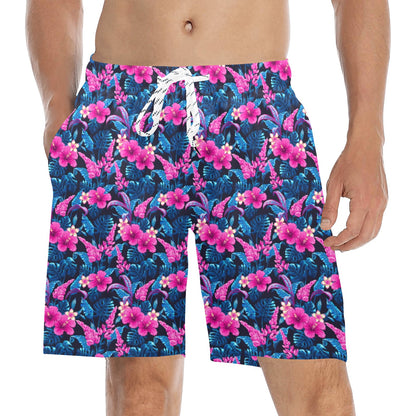 Tropical Folower Pink Themed Print Men's Swim Trunks Beach Shorts