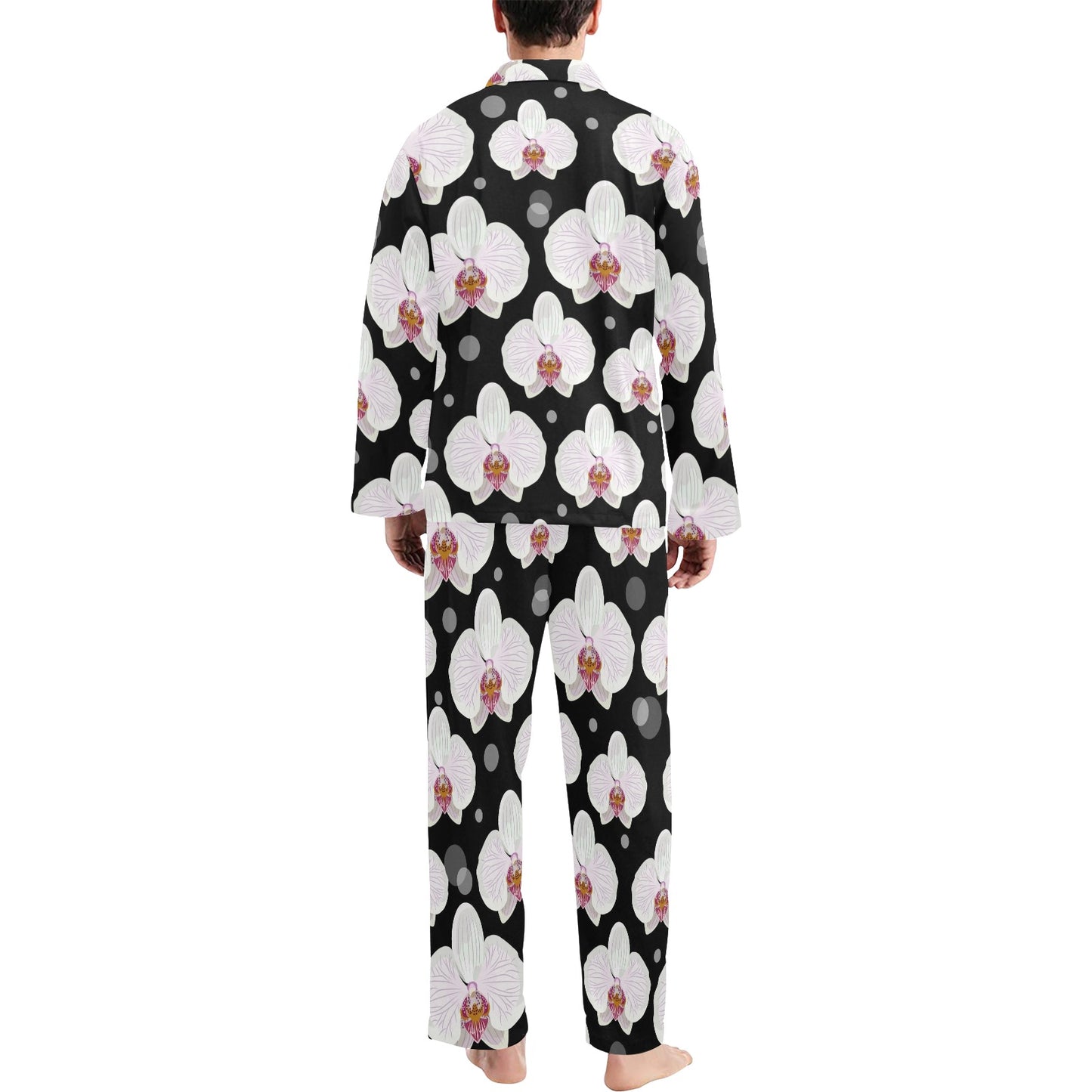 Orchid White Pattern Print Design OR09 Men's Long Pajama Set