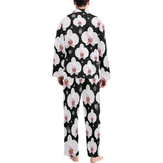 Orchid White Pattern Print Design OR09 Men's Long Pajama Set