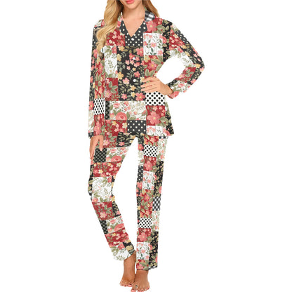Patchwork Flower Pattern Print Design 03 Women's Long Pajama Set