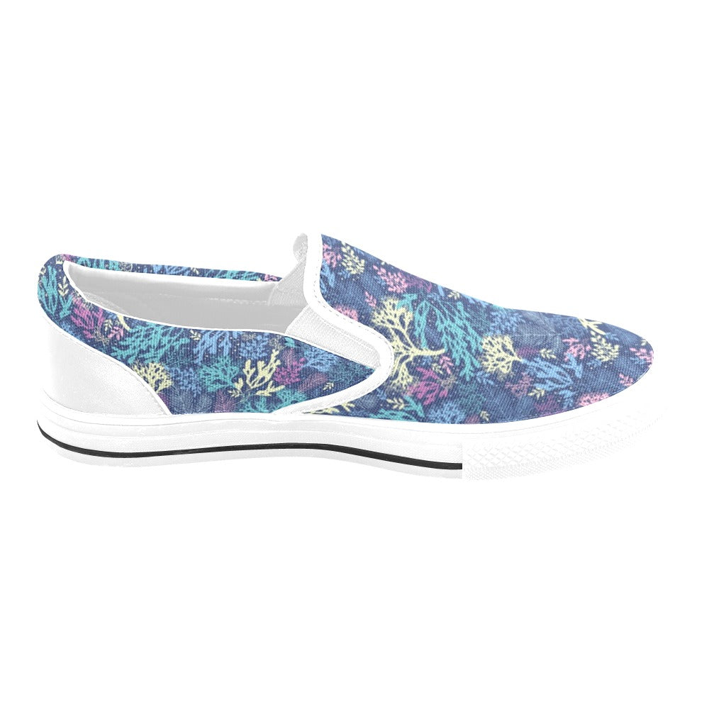 Seaweed Print Design LKS301 White Slip Ons Canvas Women's Shoes