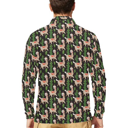 Alpaca Cactus Design Themed Print Long Sleeve Polo Shirt For Men's