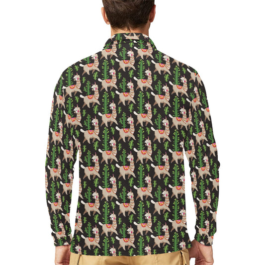 Alpaca Cactus Design Themed Print Long Sleeve Polo Shirt For Men's