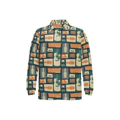 Acoustic Guitar Pattern Print Design 02 Long Sleeve Polo Shirt For Men's