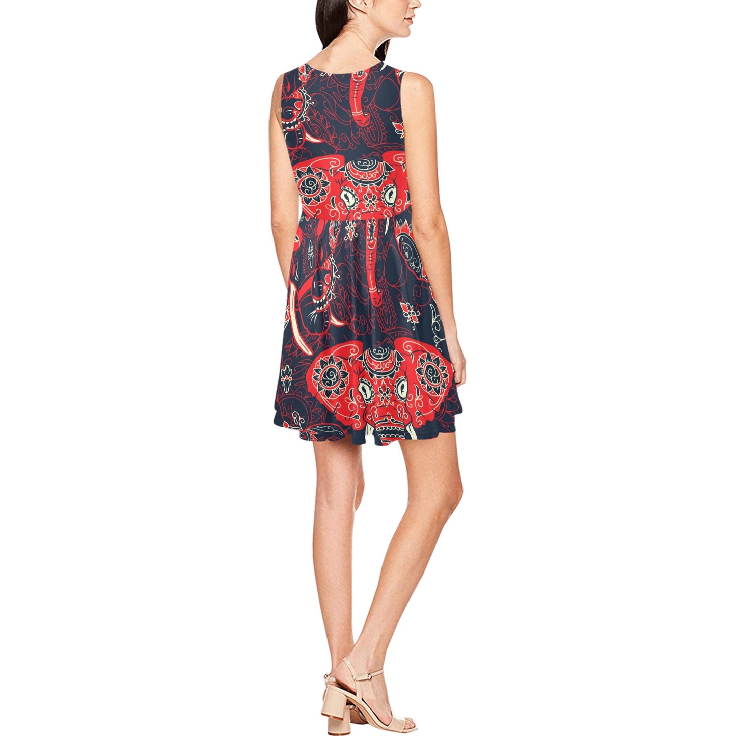 Red Indian Elephant Pattern Sleeveless Dress