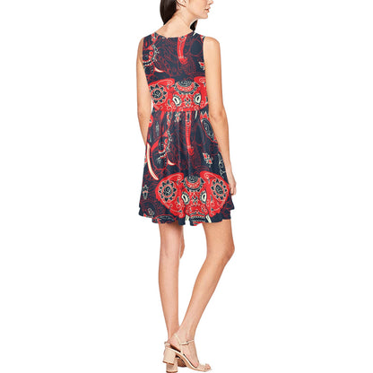 Red Indian Elephant Pattern Sleeveless Dress