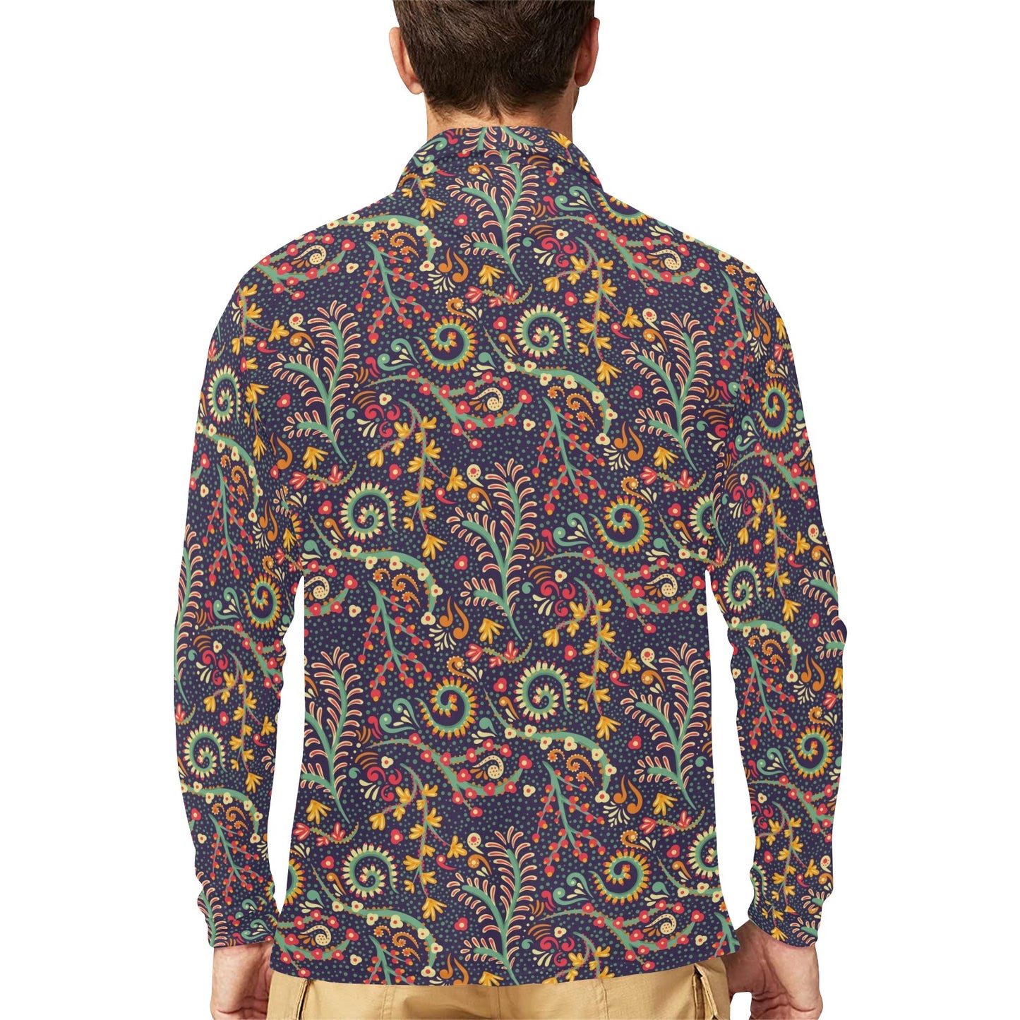 Bohemian Pattern Print Design 08 Long Sleeve Polo Shirt For Men's