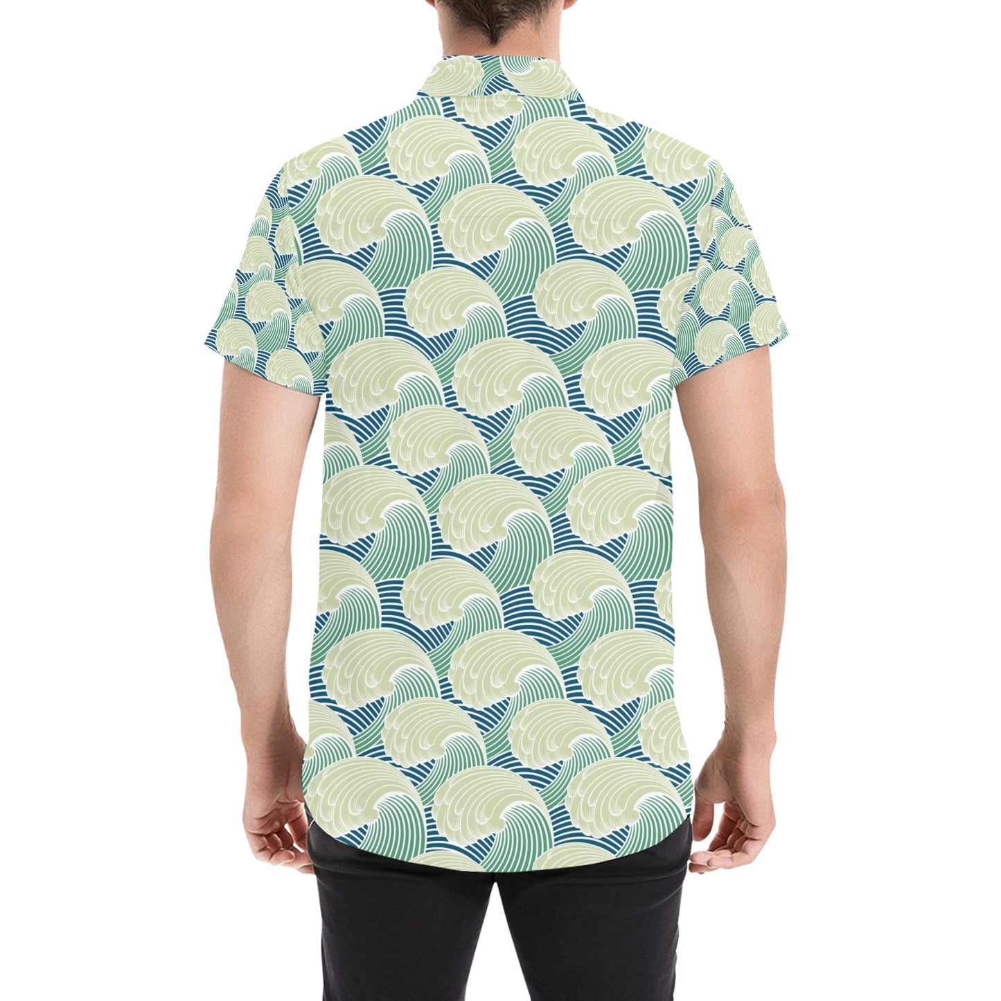 Wave Japan Style Print Design LKS302 Men Short Sleeve Button Up Shirt