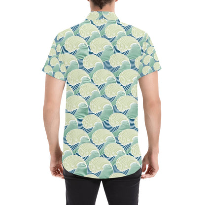 Wave Japan Style Print Design LKS302 Men Short Sleeve Button Up Shirt