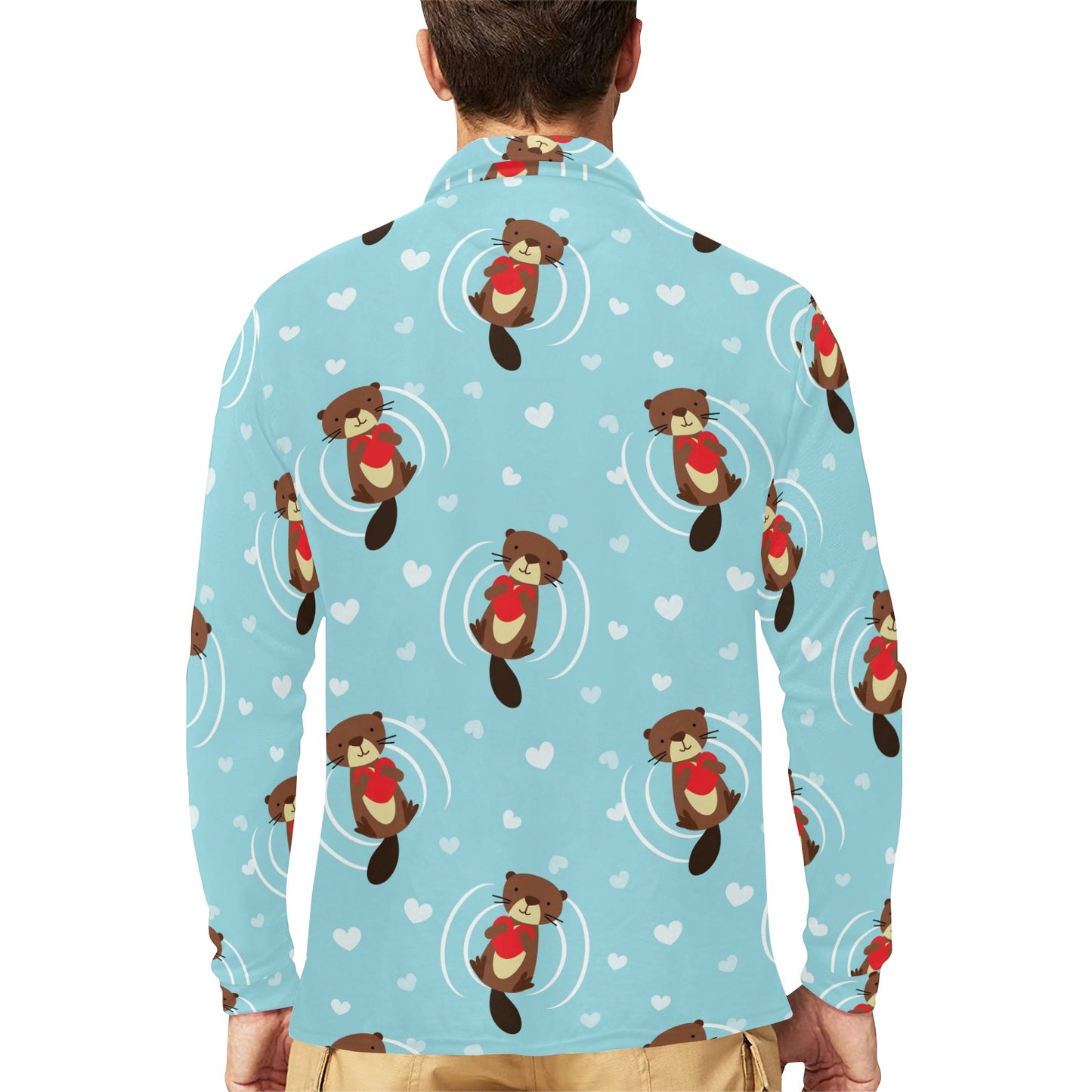 Sea Otter Cute Pattern Print Design 04 Long Sleeve Polo Shirt For Men's
