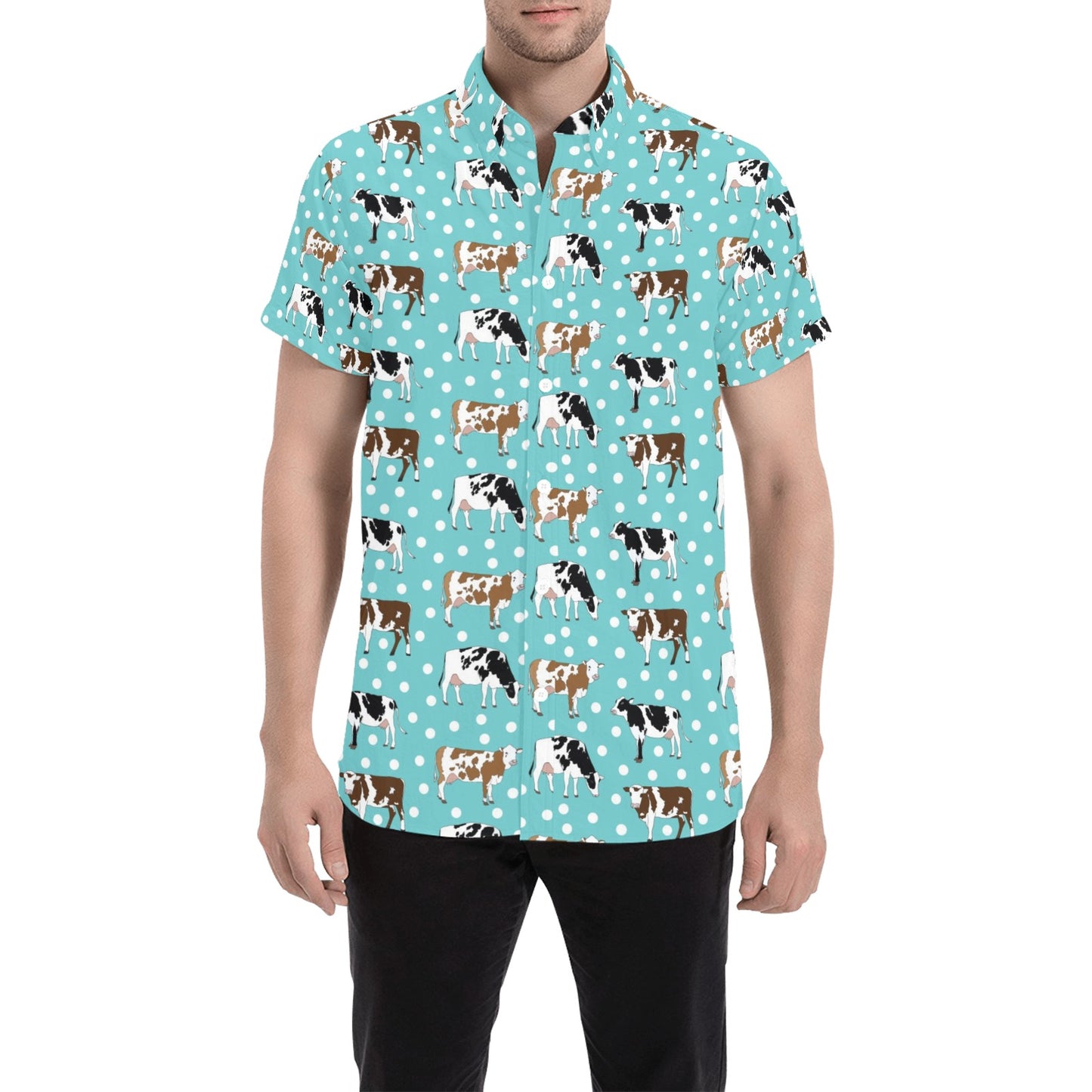 Cattle Print Design LKS405 Men Short Sleeve Button Up Shirt