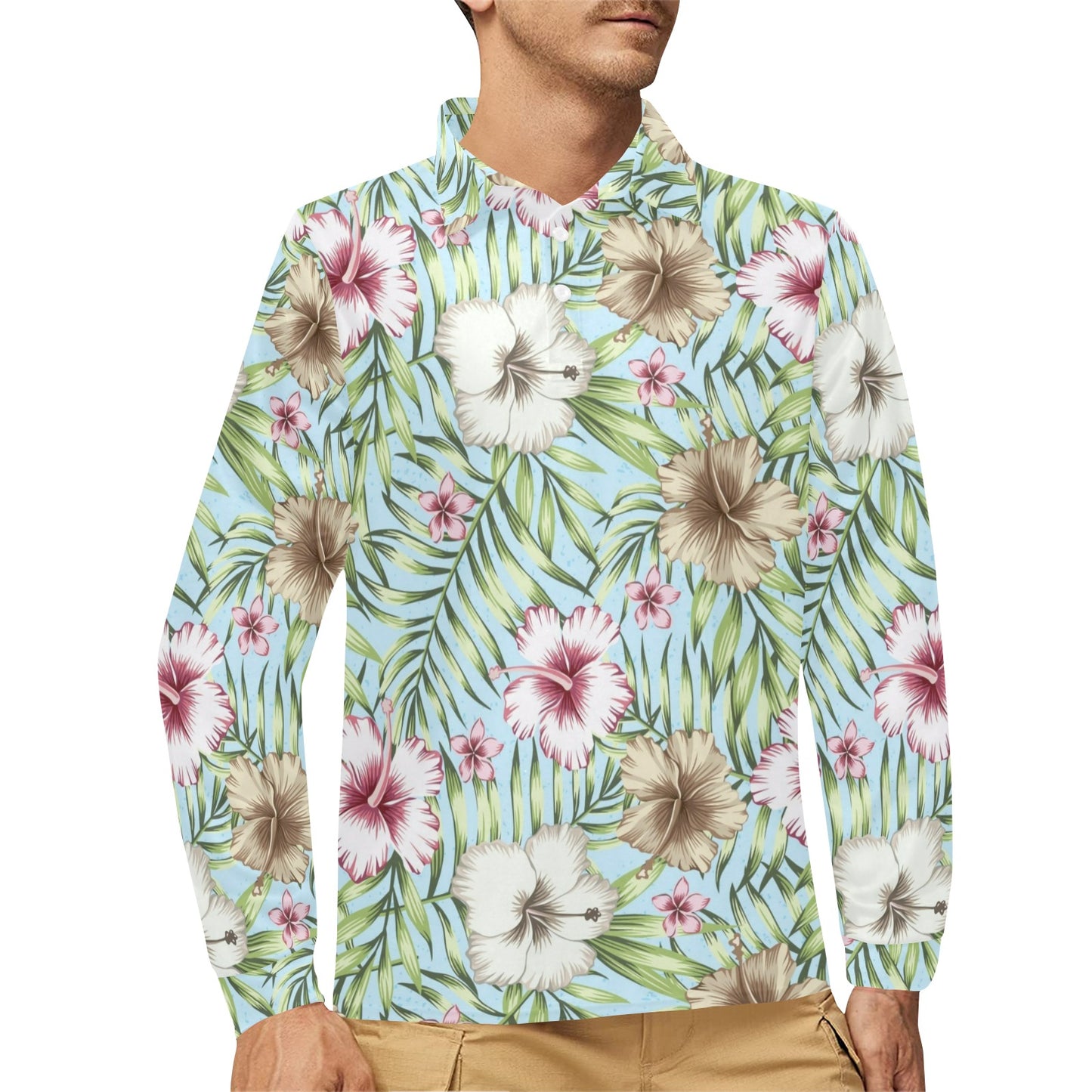 Tropical Flower Pattern Print Design TF05 Long Sleeve Polo Shirt For Men's