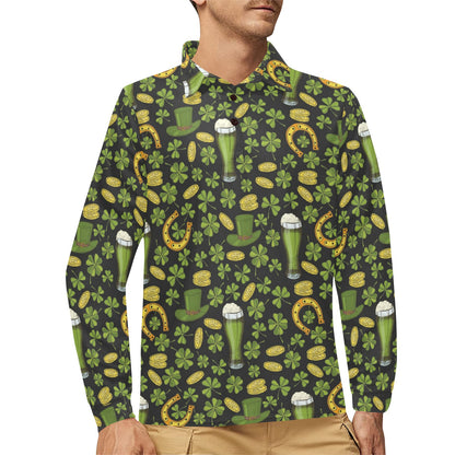 St Patricks Day Print Design LKS307 Long Sleeve Polo Shirt For Men's