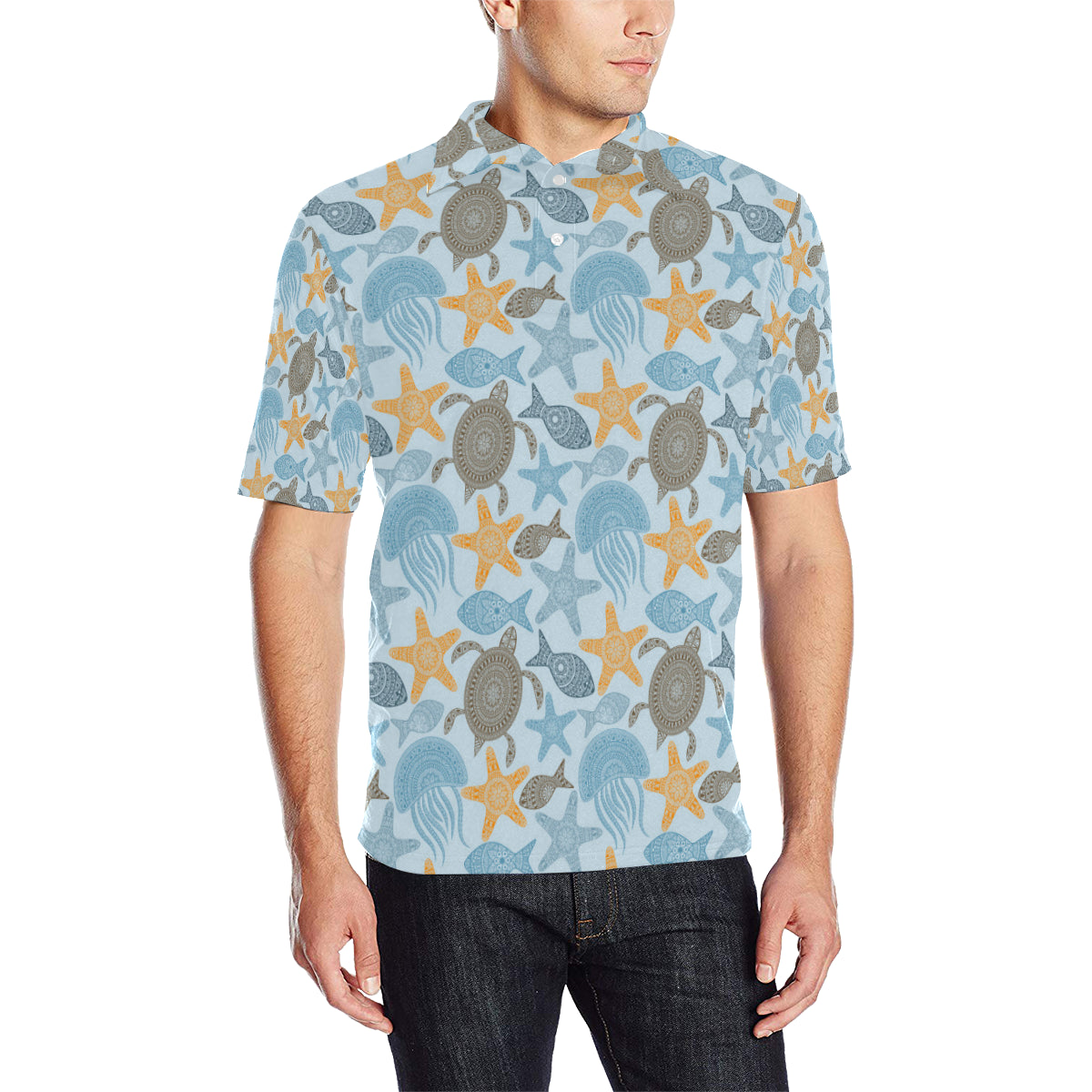 Polynesian Jellyfish Turtle Print Men Polo Shirt