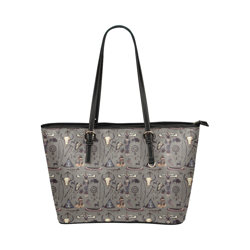 Native Indian life Design Print Leather Tote Bag