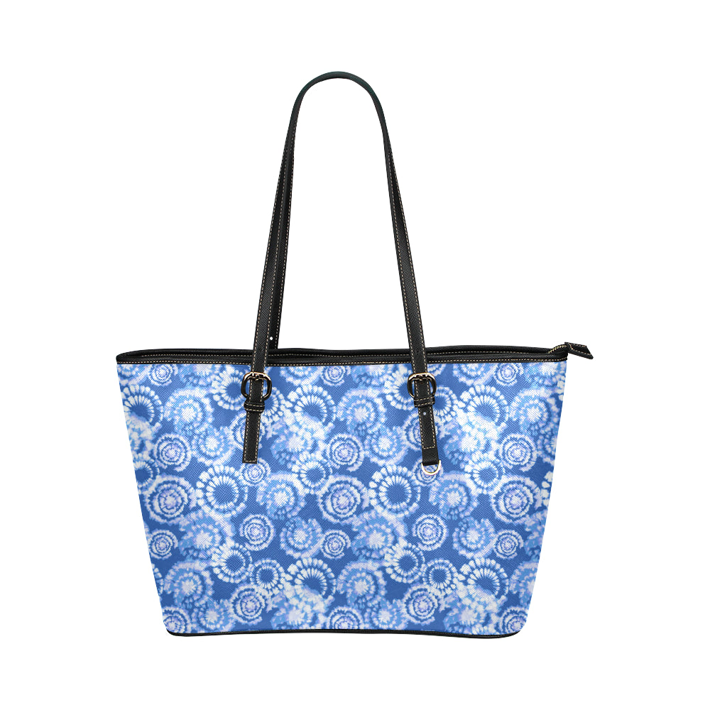 Tie Dye Blue Design Print Leather Tote Bag