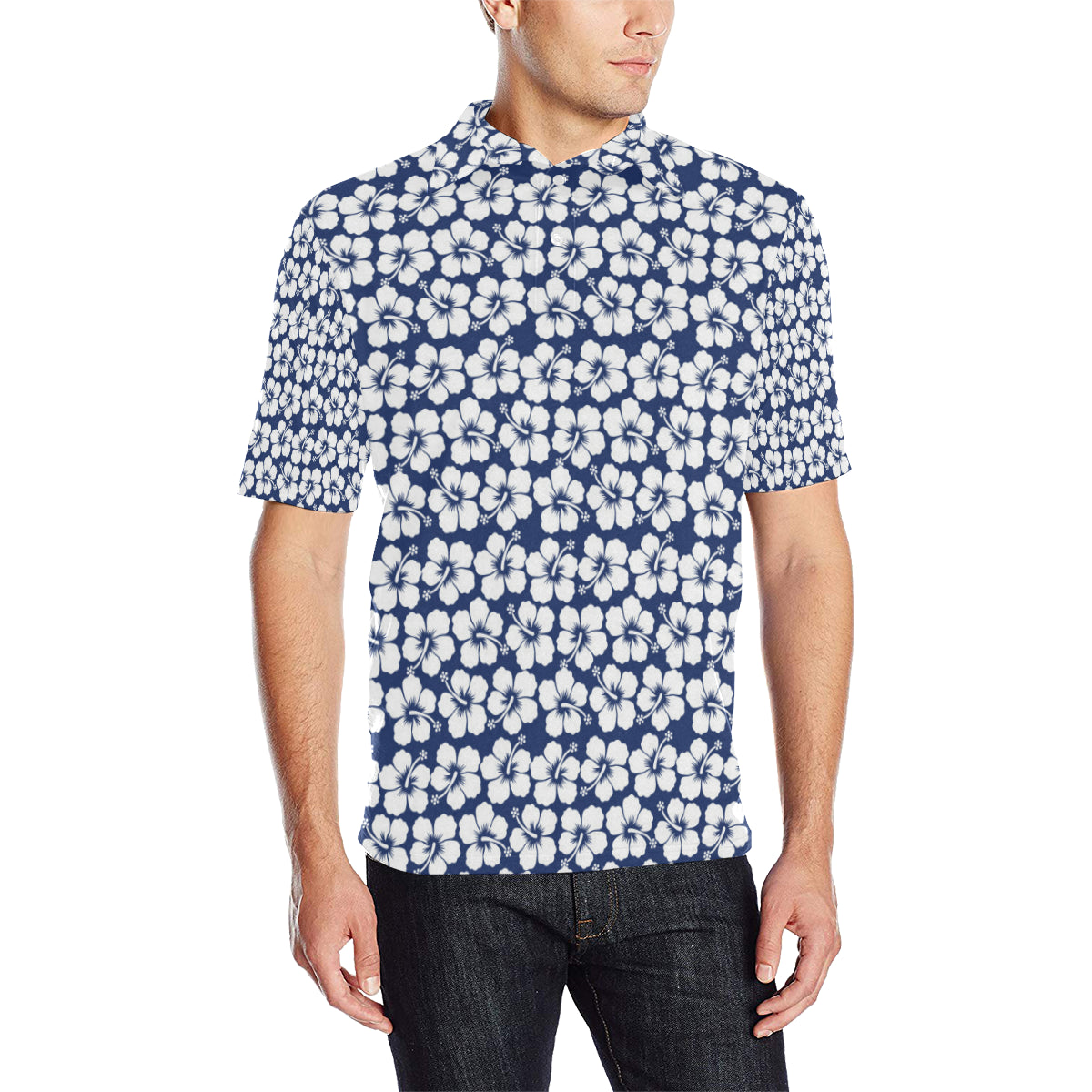 Hibiscus Blue Hawaiian Flower Pattern Men Polo Shirt