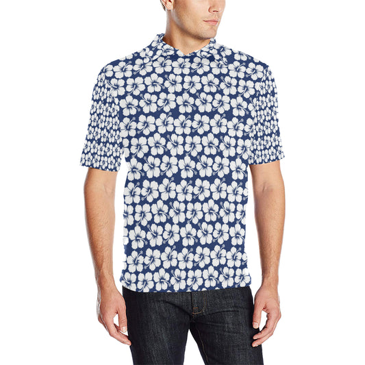 Hibiscus Blue Hawaiian Flower Pattern Men Polo Shirt