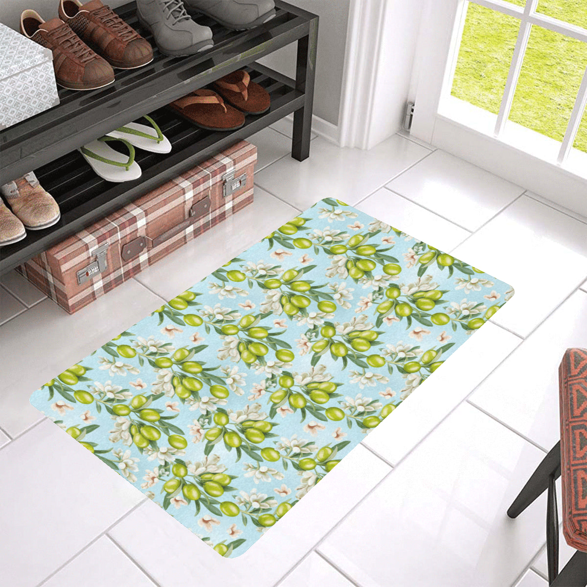 Elegant Olive Floral Print Rubber Doormat