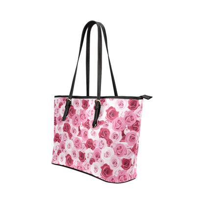 Pink Red Rose Pattern Print Leather Tote Bag