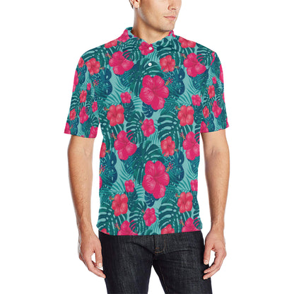 Red Hibiscus Pattern Print Design HB017 Men Polo Shirt