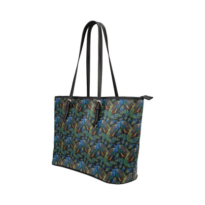 Peacock Themed Design Print Leather Tote Bag