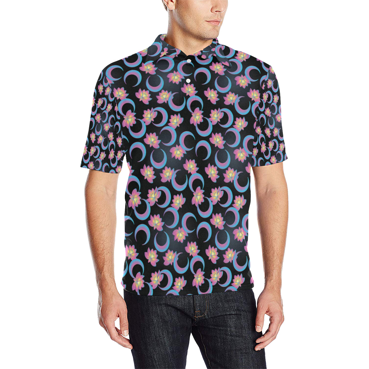 Lotus with Moon Pink Print Themed Men Polo Shirt