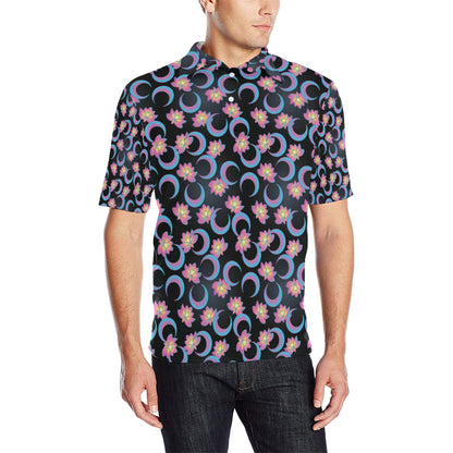 Lotus with Moon Pink Print Themed Men Polo Shirt