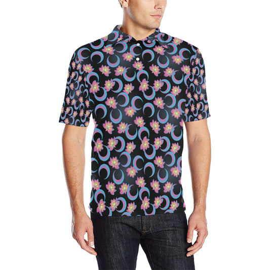 Lotus with Moon Pink Print Themed Men Polo Shirt