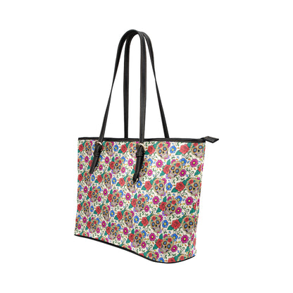 Sugar Skull Colorful Themed Print Leather Tote Bag