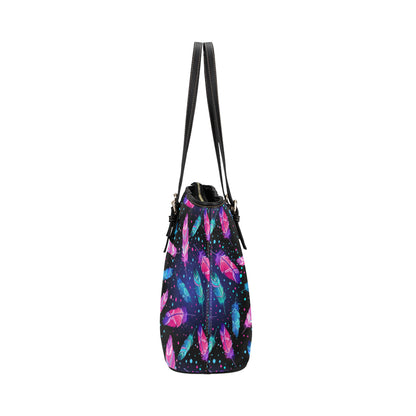 Feather Colorful Boho Design Print Leather Tote Bag