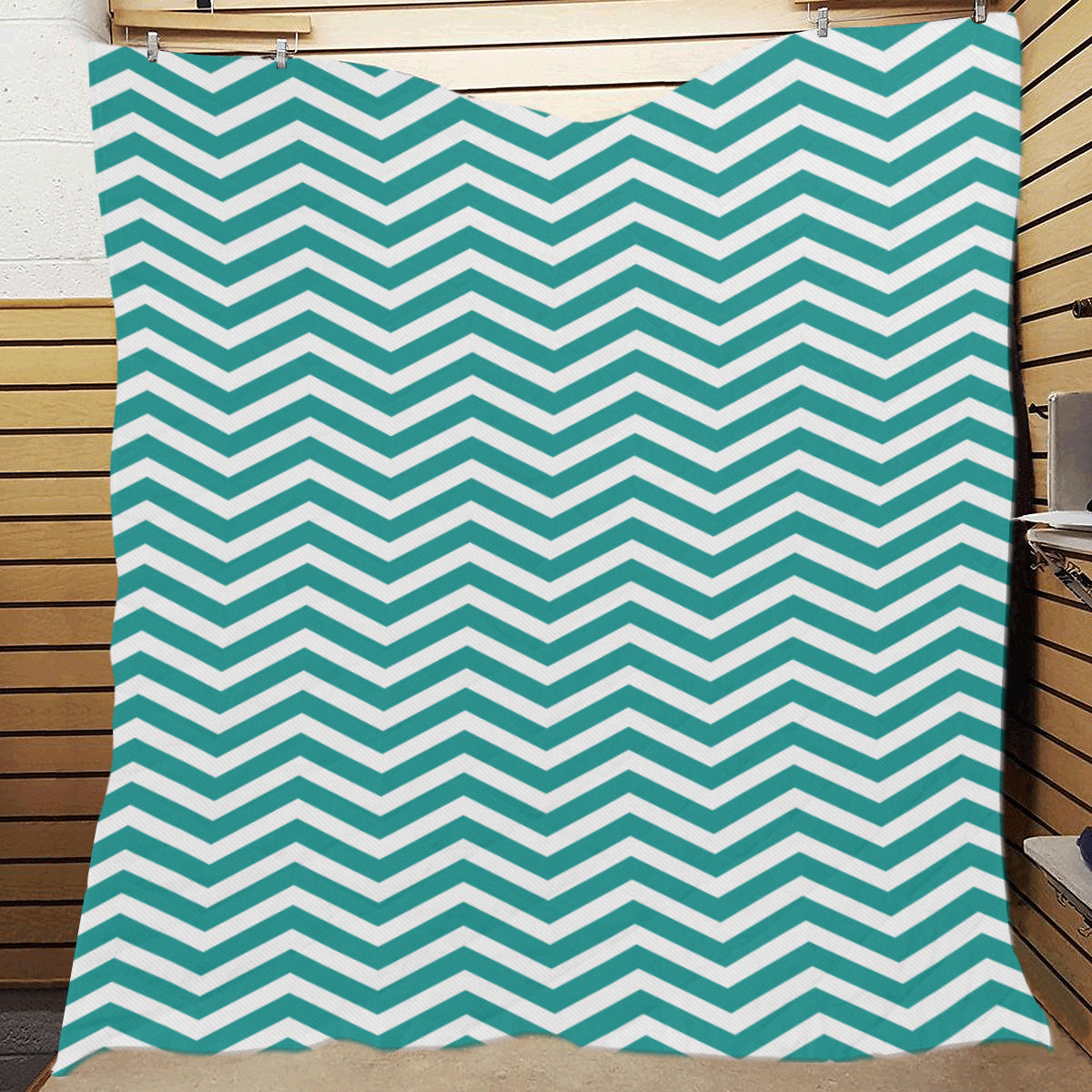 Chevron Teal Pattern Print Design 02 Premium Quilt