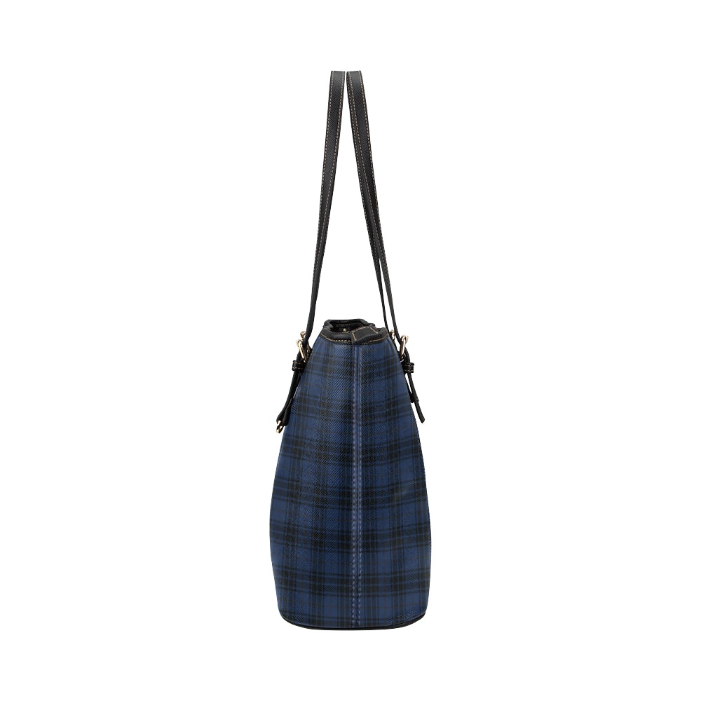 Navy Blue Tartan Plaid Pattern Leather Tote Bag