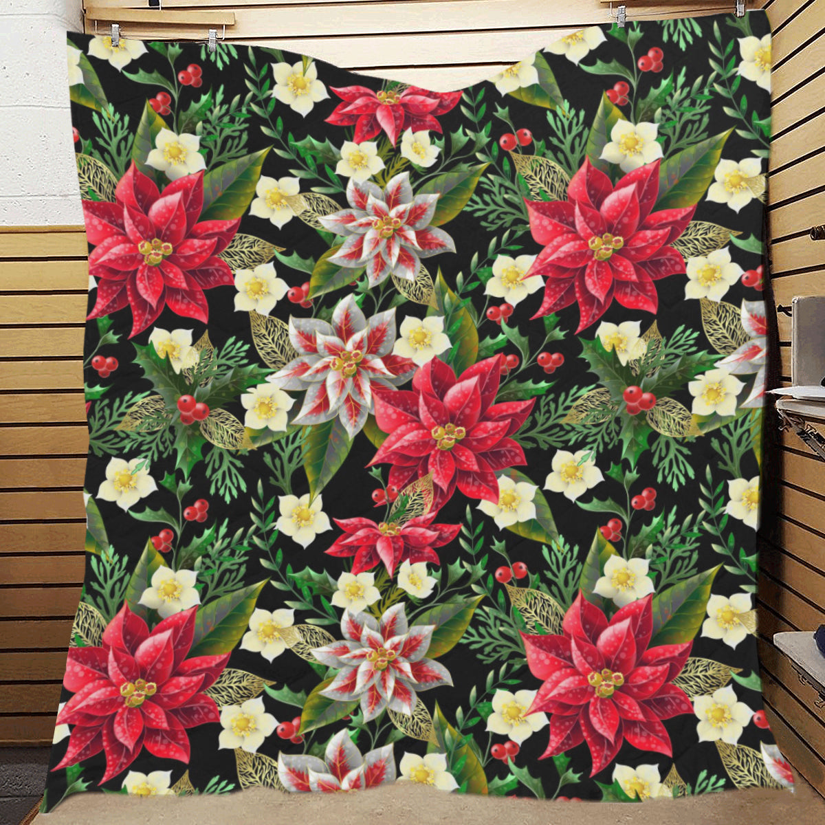 Poinsettia Pattern Print Design POT05 Premium Quilt