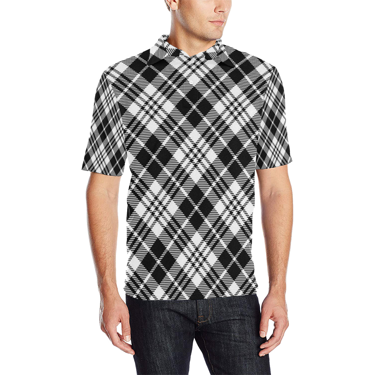 Plaid Black White Pattern Print Design A02 Men Polo Shirt